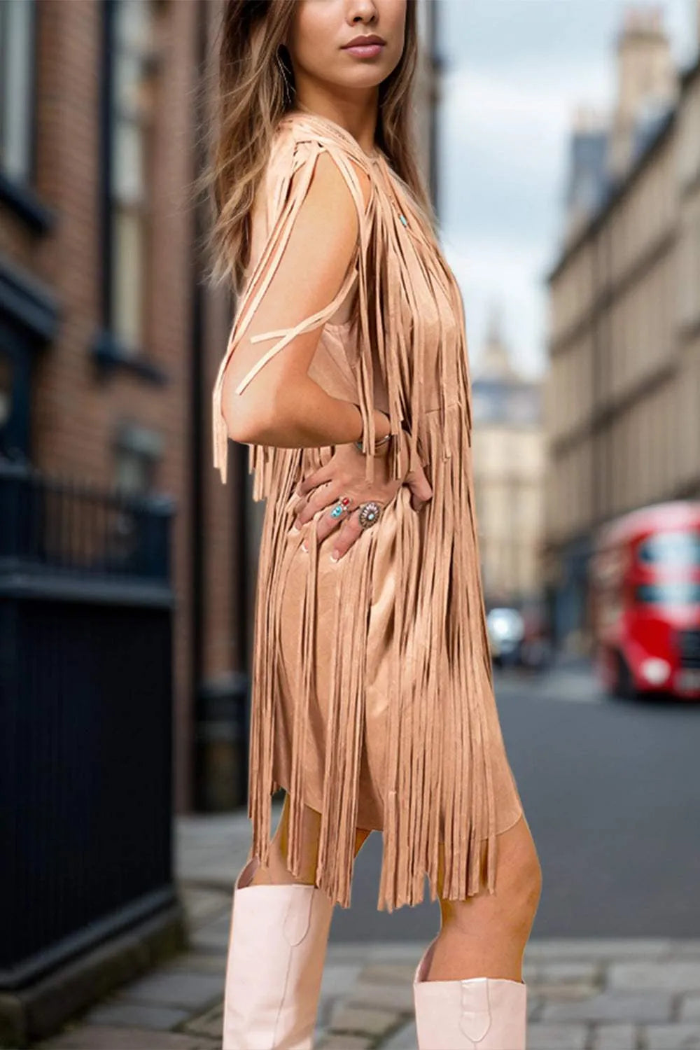Full Size Fringe V-Neck Sleeveless Mini Dress Casual Dresses - Tophatter Daily Deals